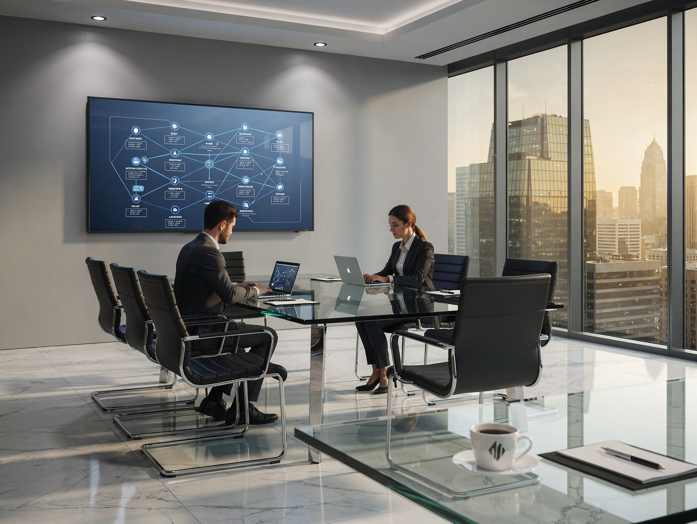 Software consultants analyzing system topology and transaction pipeline schemas