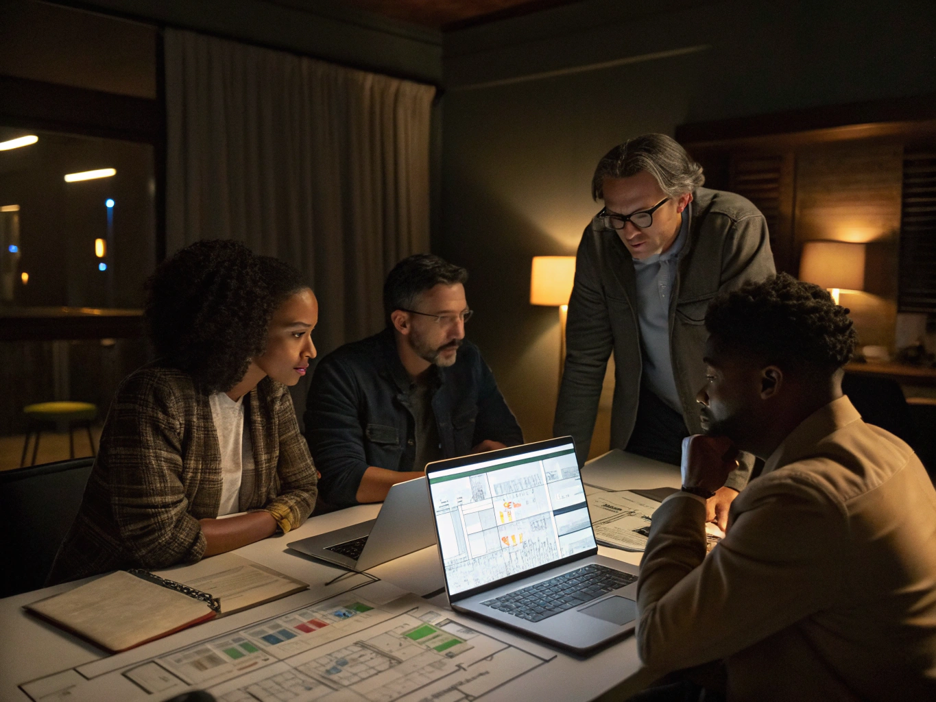 Senior technical consultants reviewing system architecture diagrams in a boardroom facility
