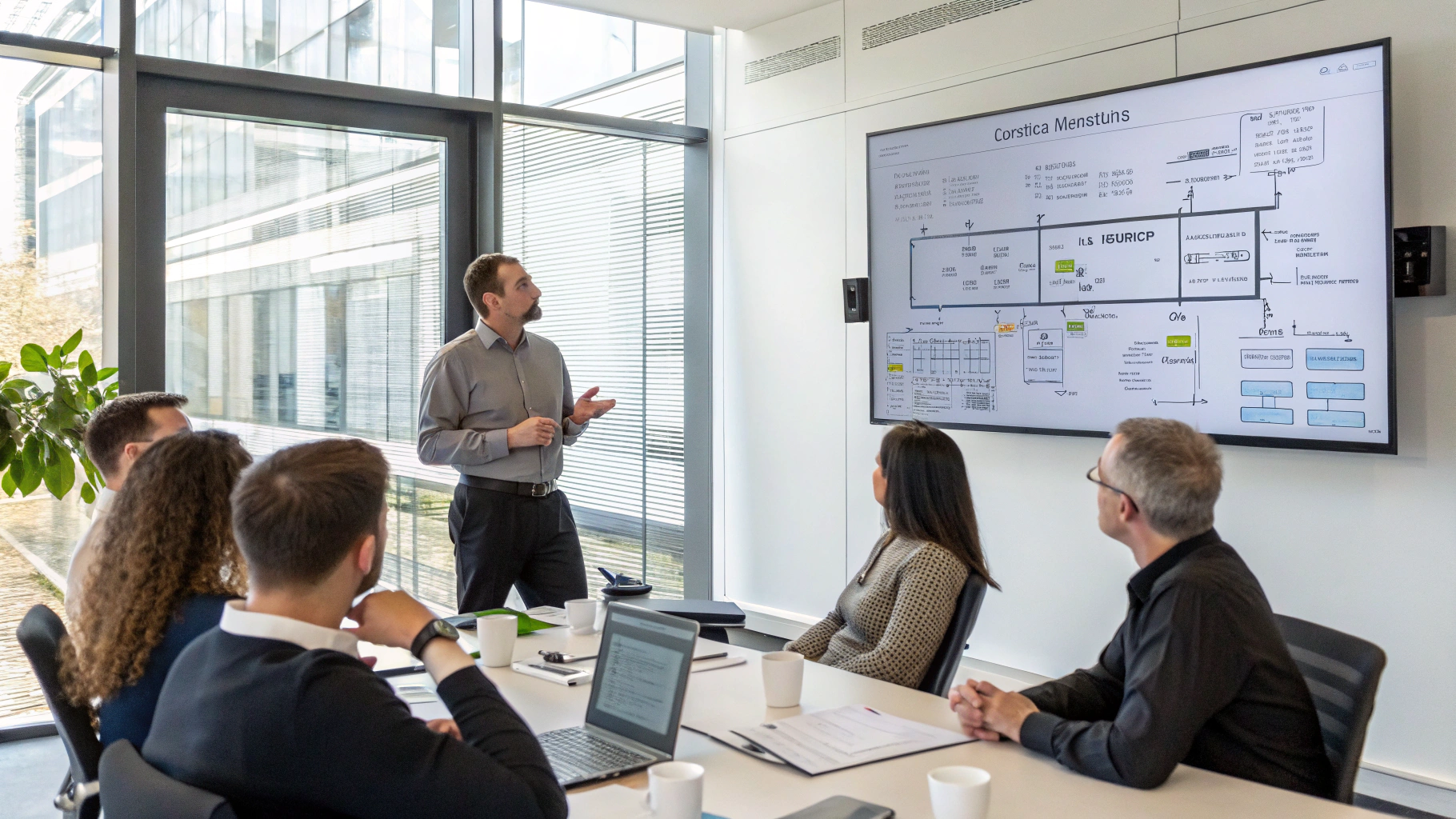 Senior technical architects reviewing a distributed transaction processing topology diagram on screen