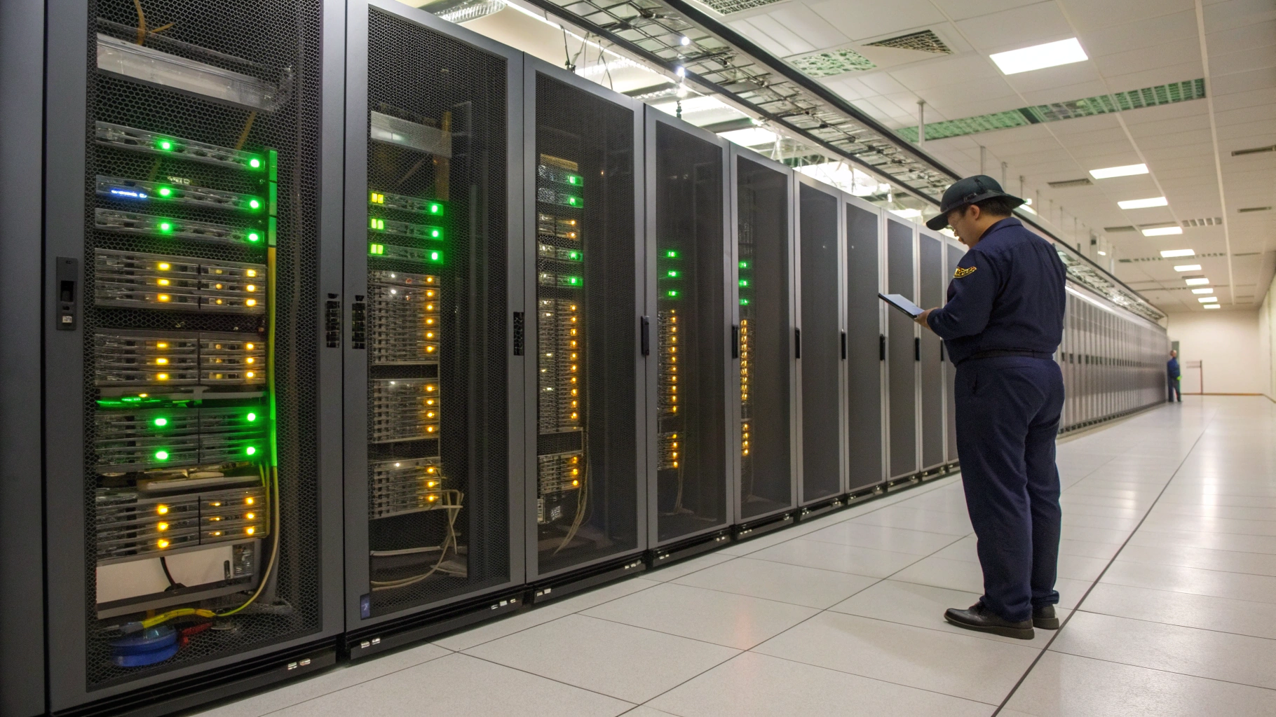 Pristine enterprise data center server room with cool lighting and network corridors